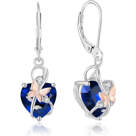 September Sapphire Sterling Silver Infinity Butterfly Heart Birthstone Earrings